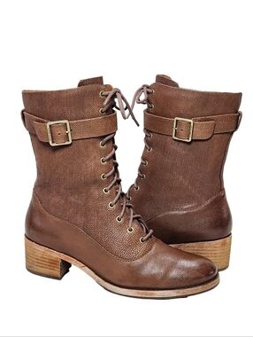 KORK-EASE Mona Leather Combat Boots Sz 9.5 Brown Lace Up Buckle Strap Zip